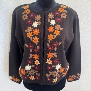 Liz Claiborne Fall 100%Merino wool floral embroidered button up cardigan sweater